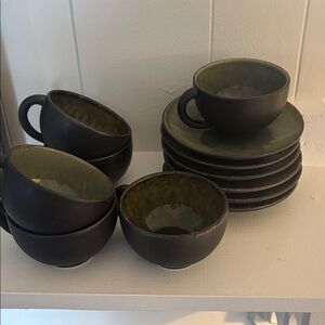 Jars France tourron Samoa Vert Green matte black tea cup and saucer SET of 6